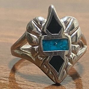 Silver Turquoise And Black Inlay Ring Size 4 marked C 85